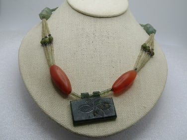 Vintage Carved Nephrite Pendant Beaded Necklace, 22", Chunky