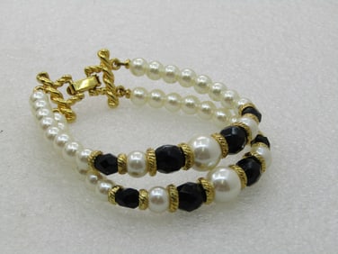 Vintage Double Strand Faux Pearl Bracelet, 7"