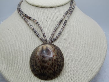Vintage Shell Heishi Necklace & Shell Pendant, Double Strand, 14". 1970's