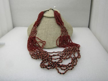 Vintage Multi-Strand, Salmon & Brass Beaded Necklace, 23", Tribal Look