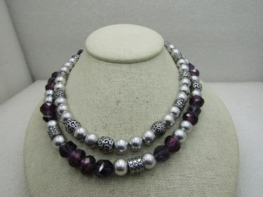 Vintage Double Strand Silver & Purple Beaded Necklace, Premier Designs, 20"