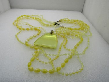 Vintage Multi-Strand Yellow Beaded Necklace, 26", Large Pendant