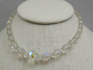 Vntage Aurora Borealis Crystal Beaded Necklace, 15.5", 1940's