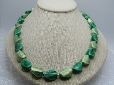 Vintage Green & Gold Accented Beaded Necklace, Japan, 1940's-1950's, 20"