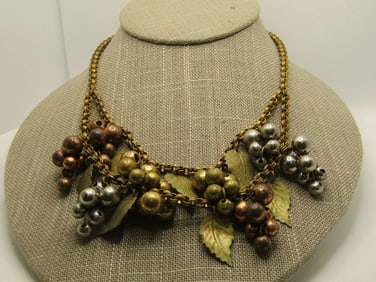 1940's Leaf & Cluster Beaded Drop Necklace, 15.75", Unsigned Miriam Haskell, Brass, Tri-Color