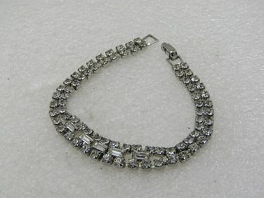 Vintage Rhinestone Double Strand Bracelet with Baguettes, 7.25"