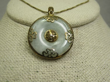 Vintage Sterling Jade Necklace, Gold Over, Filigree Bezel, 18" Signed A