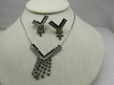 Vintage Rhinestone Necklace & Earrings, Black Clear V-Drop