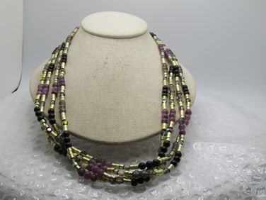 Vintage Four Strand Purple/Black/Gold Necklace, AB, 24"
