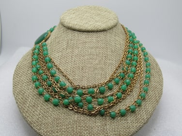 Vintage Nine Strand Green Glass Necklace, 16", 1960's