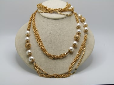 Vintage Faux Pearl, Filigree Beaded Necklace, 60", Triple strand, 1960's-1970's