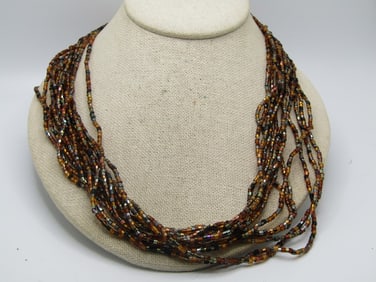 Vintage 12 Strand Amber & Black Beaded Necklace, Glass Seed Beads, 1980's-1990's