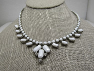 Vintage White Milk Glass & Rhinestone Bib Necklace, 16"