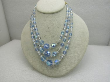 Vintage Blue & Clear Aurora Borealis Crystal Necklace, 3 Strands, 16"