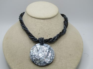 Vintage Twisted Four Strand Beaded Necklace, MOP Pendant, 21"