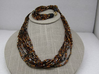 Vintage Black & Amber Torsade Multi-Strand Necklace, 12 Strands, 25"