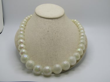 Vintage Iridescent Faux Pearl Necklace, Graduated, 23", Blox Clasp, 1940's-1950's