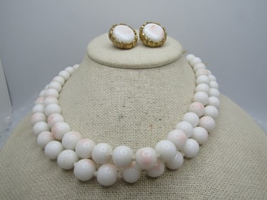 Vintage Double Strand White/Pink Glass Beaded Necklace & Clip Earrings Set, Mid-Century