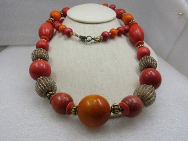 Vintage Orange, Gold, Clear Beaded Necklace, 36", 1980's
