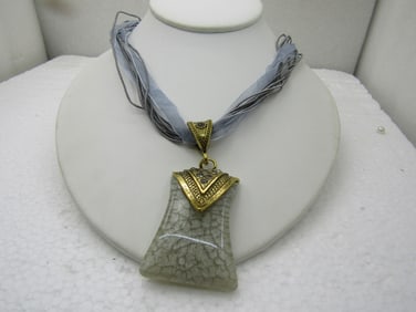 Gray Pendant on 16" Gray Multi-Strand Ribbon Necklace with Rhinestones