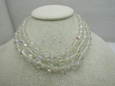 Vintage Triple Strand Aurora Borealis Beaded Necklace, Round Crystal, 16"