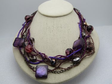Vintage 9 Strand Purple Beaded Necklace, Glass 18"-21"