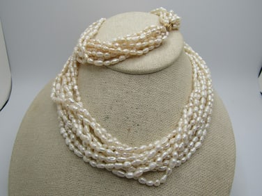 Vintage 14Kt Freshwater Pearl Necklace, 10 Strands, Signed, 26"