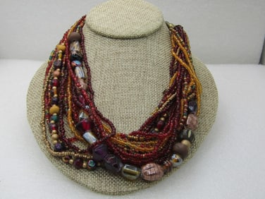 Vintage Boho Torsade Multi-Strand Necklace, Glass Beaded, 17 Strands, 21" Autumn Colors in dark red,