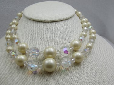 Vintage Crystal Aurora Borealis & Faux Pearl Necklace, 16"