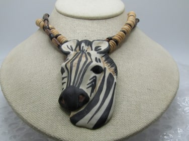 Vintage Painted Zebra Necklace, 25.5", Signed Carol Halmay, 1980's