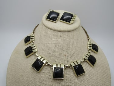 Vintage Black Glass Necklace & Earrings Set, 1950's-1960's