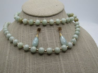 Vintage 30" Green Jade Necklace & Pierced Earrings, 2000's