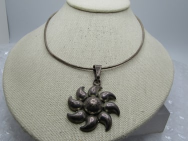 Vintage Sterling Mexican Sun Necklace, 17" Omega Chain, 1960's-1970's