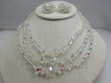 Vintage Crystal Aurora Borealis Beaded Necklace & Clip Earrings Set, 16"