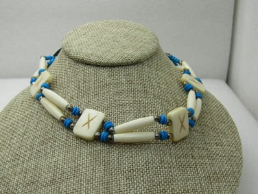 Vintage Costume Warrior Necklace, 32", Unisex, Turquoise & Bone Colored Beads, Black Suede
