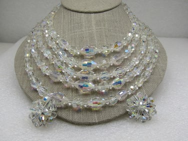 Vintage Five Strand Aurora Borealis Crystal Necklace & Earrings, Clip