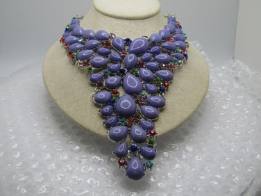 Costume Faux Purple Stone Statement Necklace, 22", Rhinestone Accents, 2000's