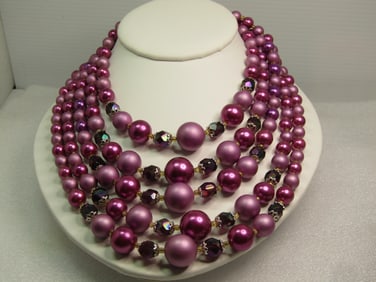 Vintage Multi-Strand Necklace, Pinks, Five Strands, 16"-19", Japan, 1950's-1960's