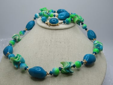 Vintage Turquoise/Green Beaded Necklace, Japan, 24", 1950's-1960's