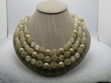 Vintage Triple Strand Clear/Frosted/Faus Pearl Beaded Necklace, Japan, 18", Triple strand, 1950's