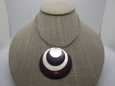 Vintage Enameled Purple Disc Necklace, 16"-18", 1980's.
