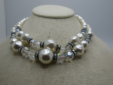 Vintage Double Strand Faux Pearl & Crystal Beaded Necklace, 17.5"