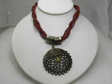 Vintage Multi-Strand Necklace, Brass Pendant, 20", 1980's-1990's.