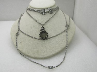 Vintage Triple Strand Smoky Intaglio Necklace, Signed Goldette NY, 1960's