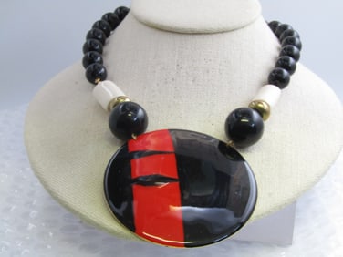 Vintage Red/Black Enameled Necklace, Chunky, 22", 1980's-1990's, Mod