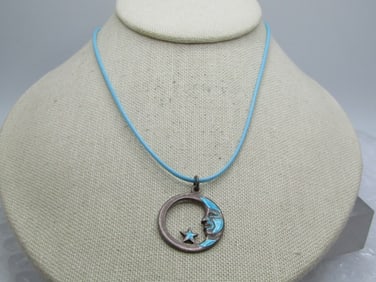 Vintage Sterling Enameled Crescent Moon Man & Star, Necklace, Siam