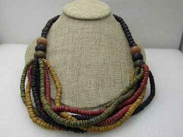 Vintage Earthtone Beaded Multi-Strand Necklace, 15"