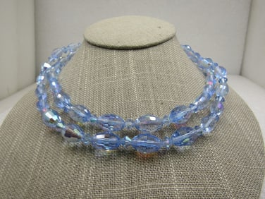 Vintage Blue Crystal Aurora Borealis Double Strand Necklace mid-century