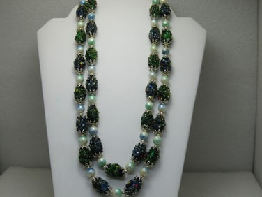Vintage Seed Bead Encrusted Beaded Necklace, Double Strand, 24", Box Clasp, 1940's-1950's