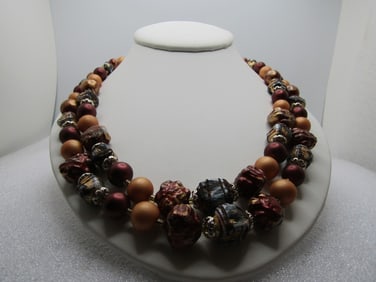 Vintage Japan Double Strand Beaded Necklace, Earthtones, 21", 1950's-1960's